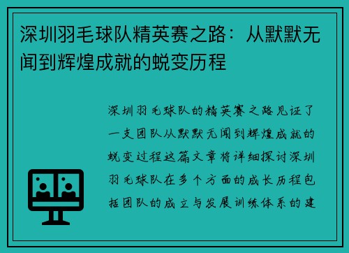 深圳羽毛球队精英赛之路：从默默无闻到辉煌成就的蜕变历程