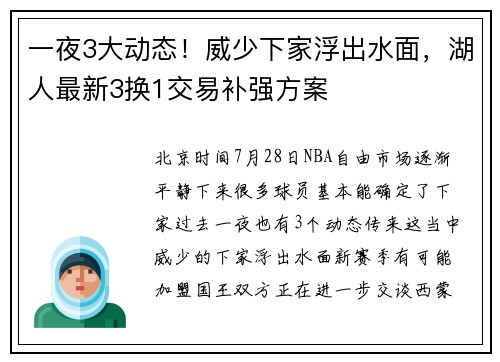 一夜3大动态！威少下家浮出水面，湖人最新3换1交易补强方案
